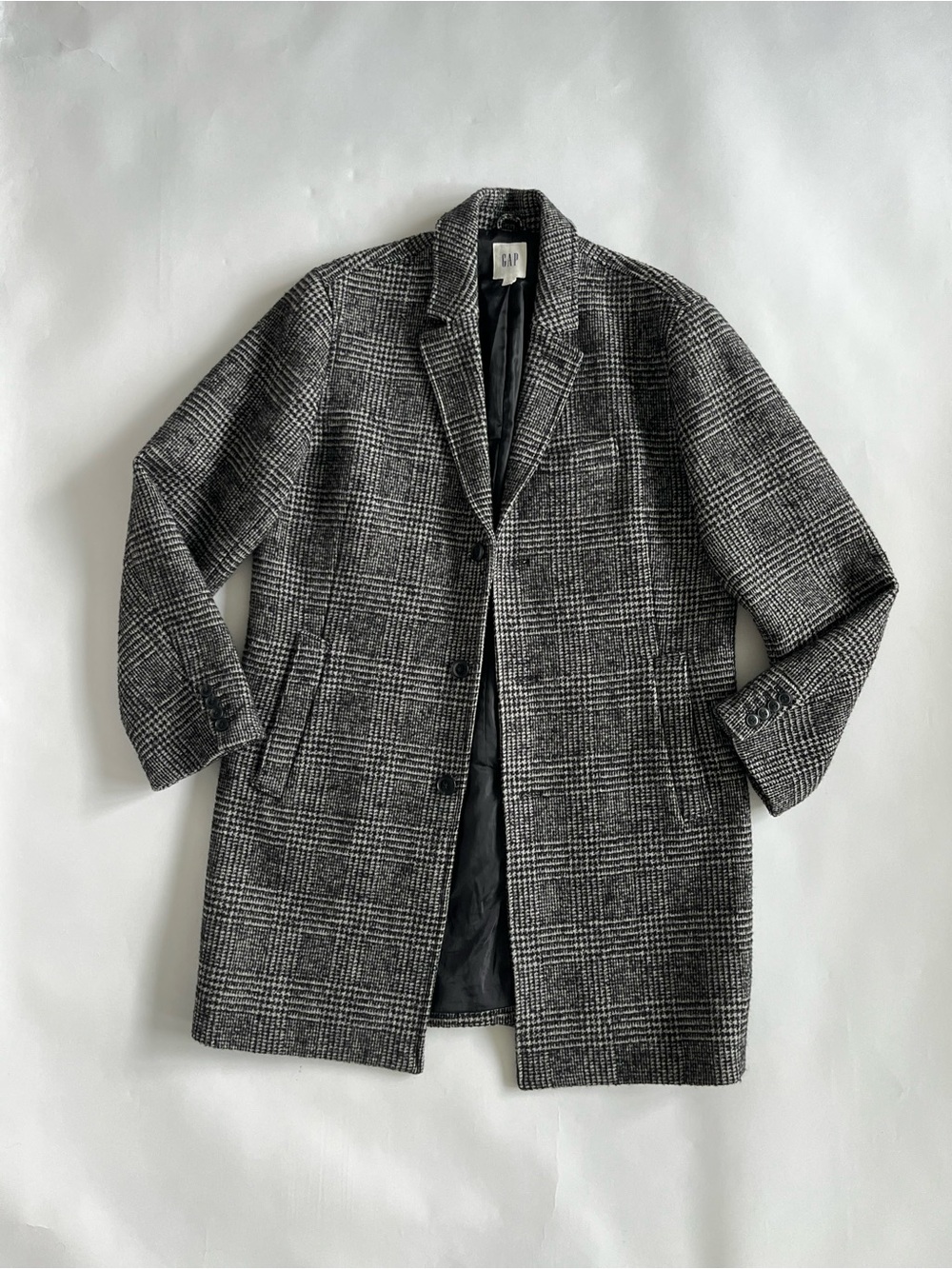 Gap Men's Black & Gray Plaid Wool Blend Overcoat